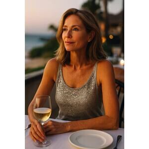 Eileen Fisher Sequin Tank – M Gray Organic Cotton Cashmere Knit, Resort Evening